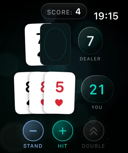 BlackJack+ gameplay on Apple Watch, screen 3