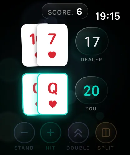 BlackJack+ gameplay on Apple Watch, screen 5